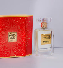 Perfume bottle and packaging with 'HeyMate' branding on a light gray background