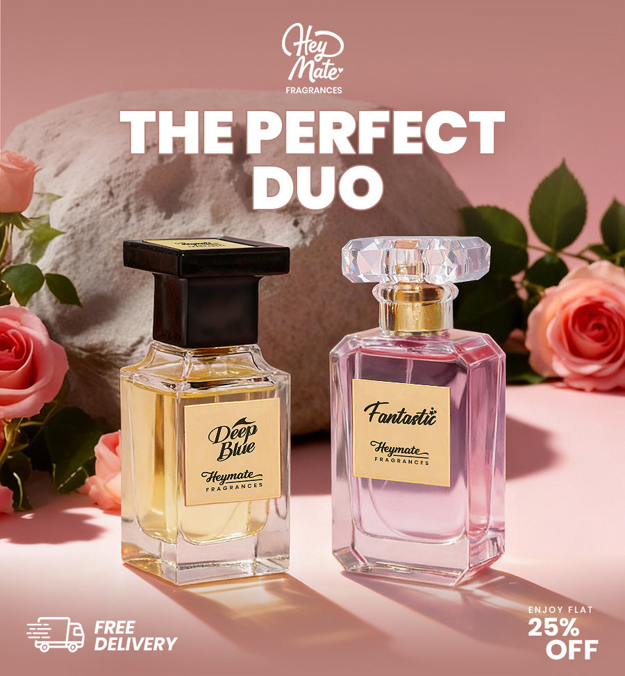 Long Lasting Couple Perfume bottles labeled 'Deep Blue' and 'Fantastic' with decorative elements on a pink background.