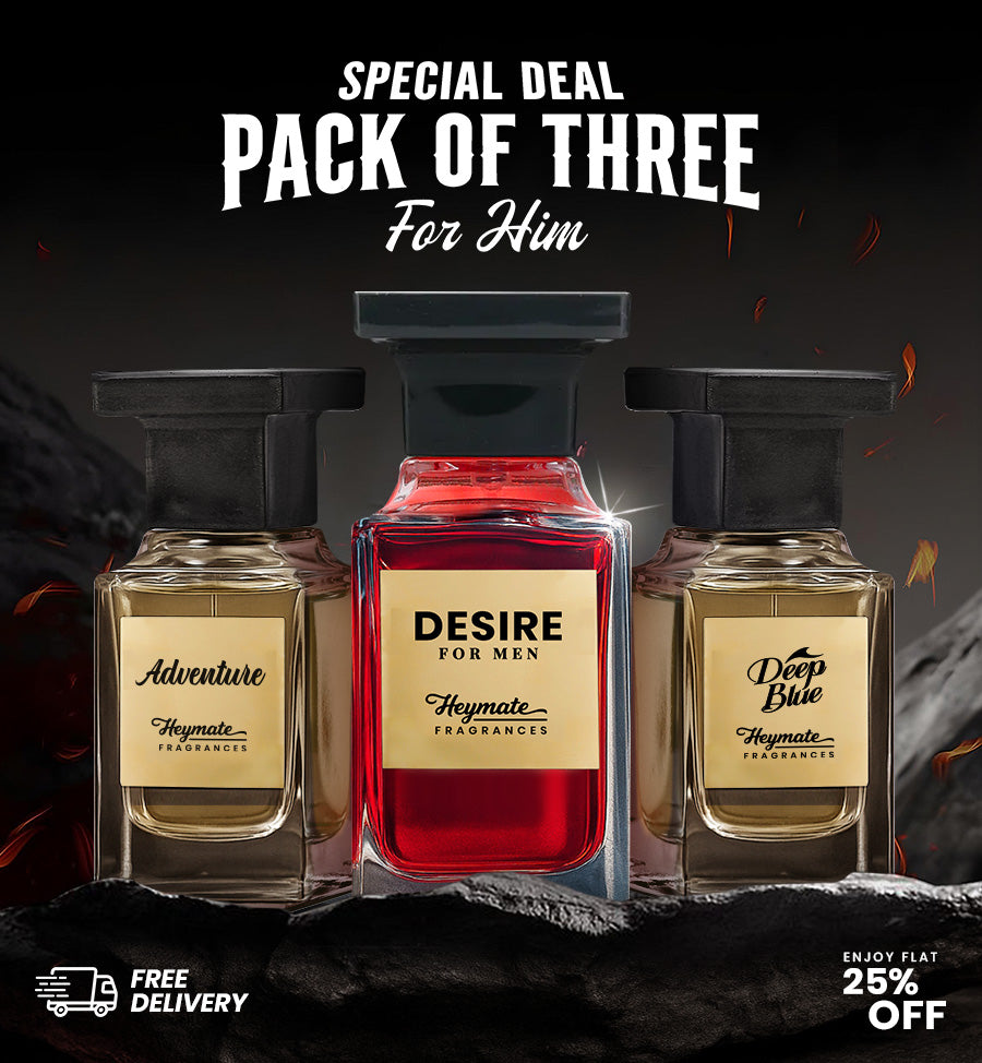 Three perfume bottles with labels 'Adventure', 'Desire', and 'Deep Blue' on a dark background with promotional text.
