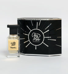 Perfume bottle labeled 'Deep Blue' by HeyMate Fragrances with its packaging on a white background