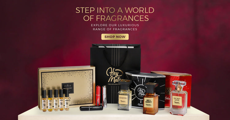 Collection of perfume bottles and packaging on a table with a dark red background and promotional text.