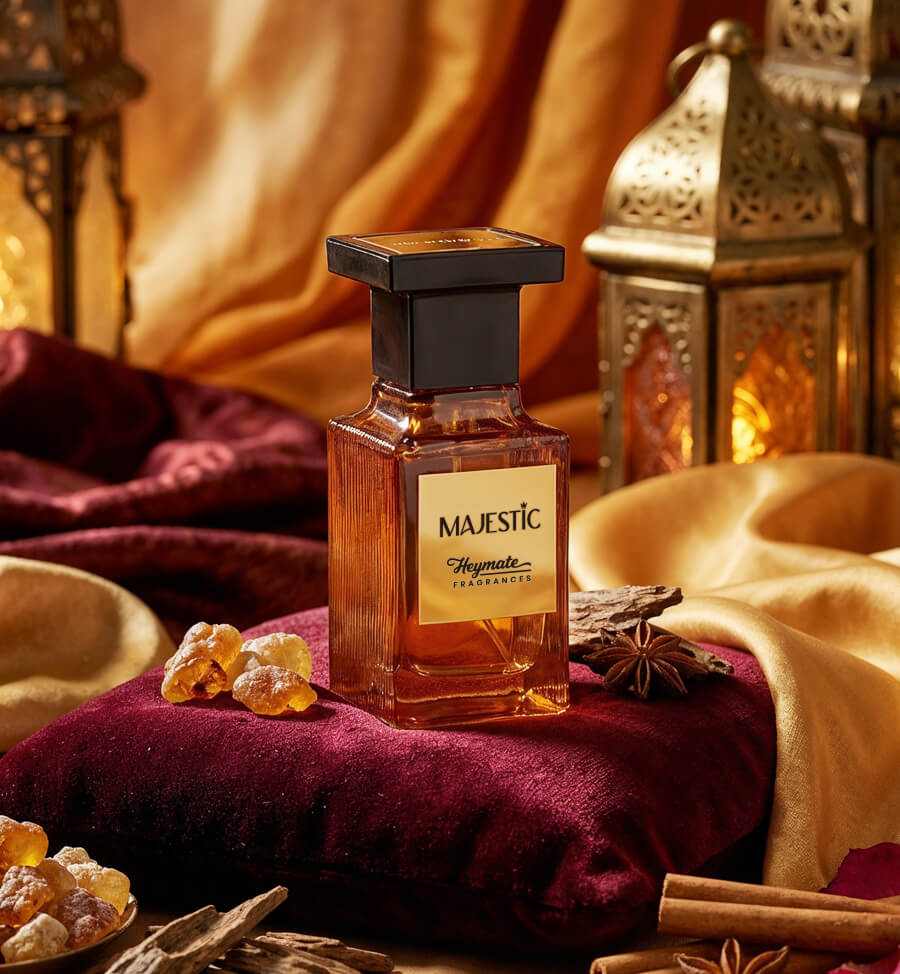 Majestic perfume bottle on a purple cushion with spices and lanterns in the background
