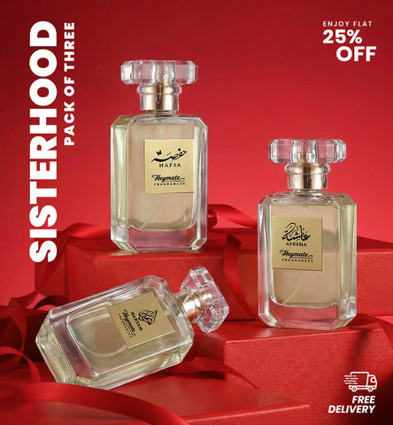 Three perfume bottles on a red background with promotional text.