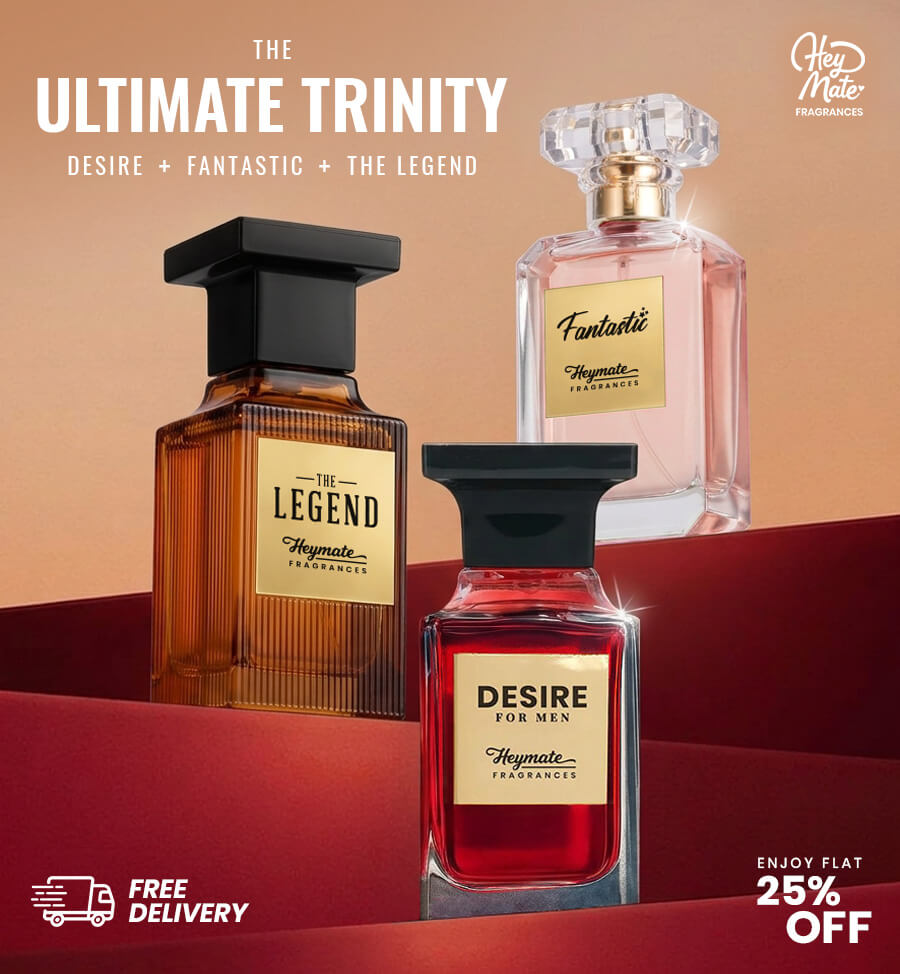 Three perfume bottles labeled 'The Legend', 'Fantastic', and 'Desire' on a red and beige background with Hey Mate Fragrances branding.