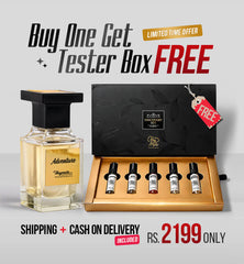 Perfume bottle with a set of mini bottles and a black box labeled 'Adventure' on a gray background.