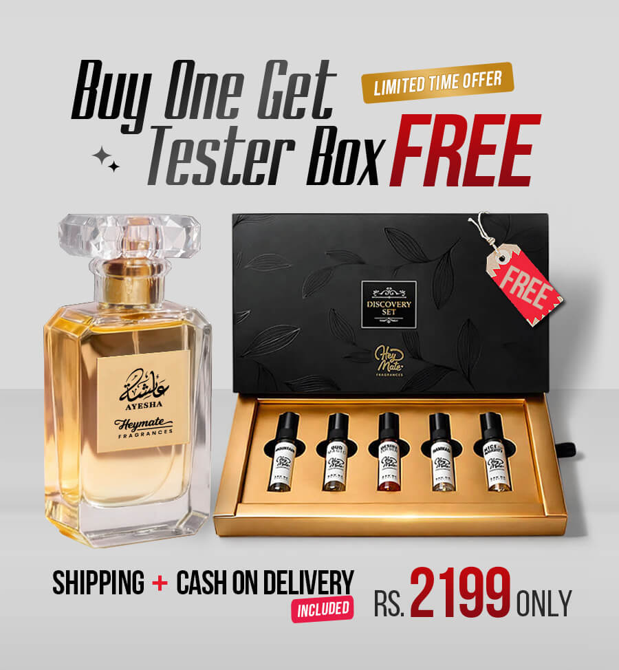 Perfume bottle with a free tester box offer on a gray background