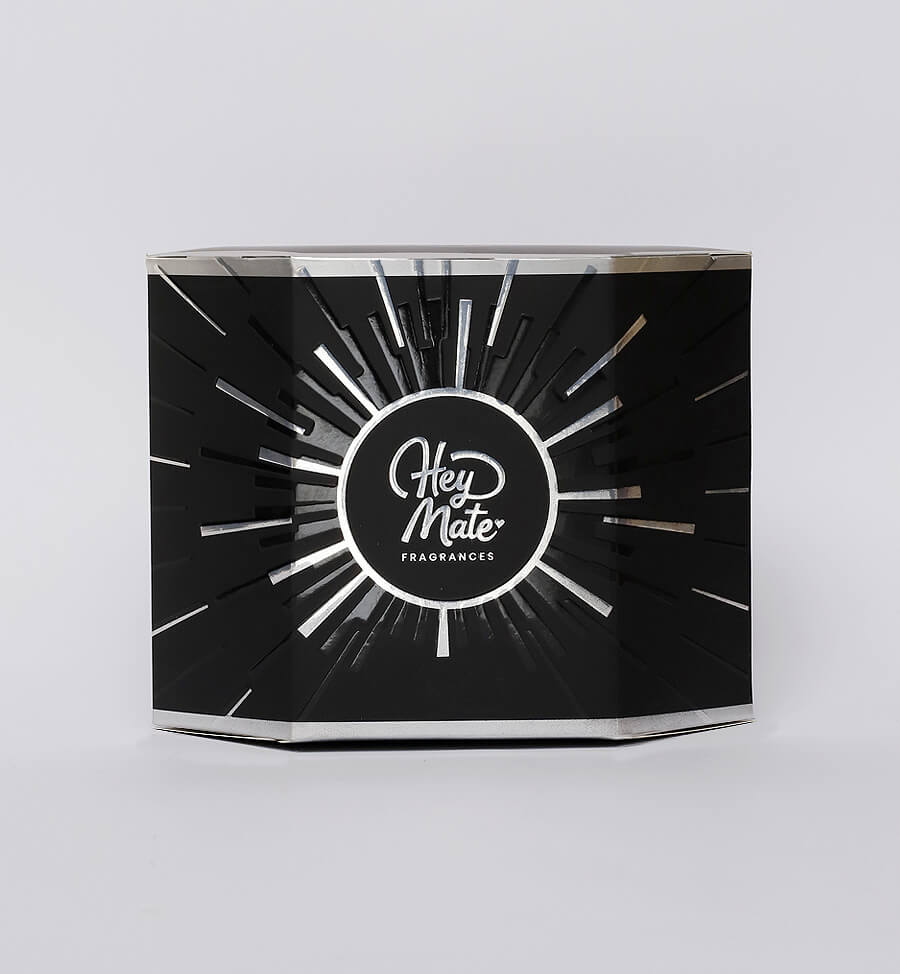 black and silver box with 'HeyMate Fragrances' logo on a white background