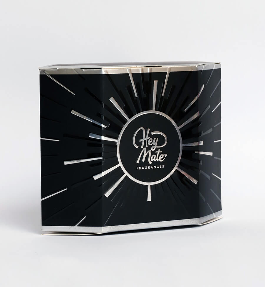 Black box packaging with 'HeyMate Fragrances' logo on a black and silver design.