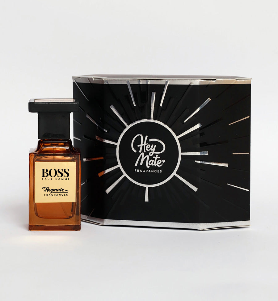 BOSS perfume bottle next to a black box with 'HeyMate Fragrances' branding on a white background