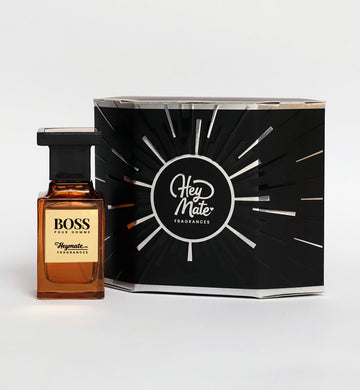 BOSS perfume bottle next to a black box with 'HeyMate Fragrances' branding on a white background