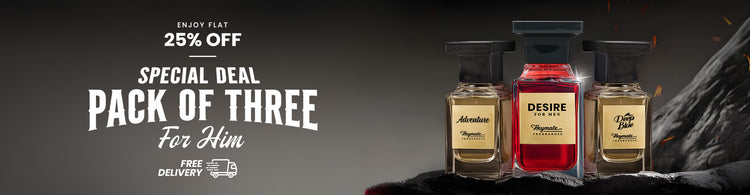 Three perfume bottles with a promotional offer on a dark background