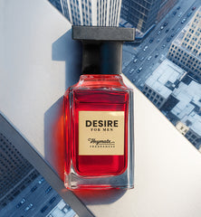 Red perfume bottle labeled 'Desire for Men' by Heymate Fragrances on a cityscape background