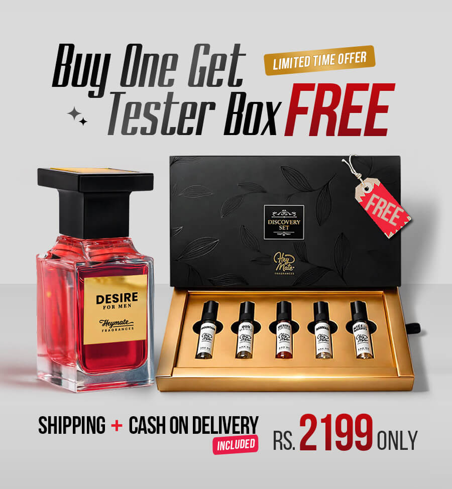 Perfume bottle with a set of mini bottles and promotional text on a gray background