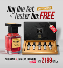 Perfume bottle with a set of mini bottles and promotional text on a gray background