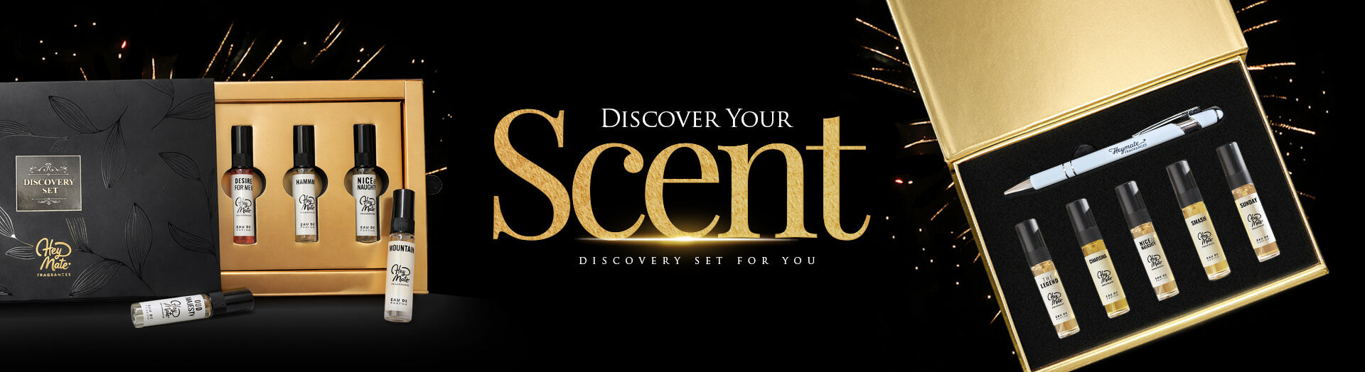 Perfume Tester bottles and packaging labeled 'Discover Your Scent' on a black background.