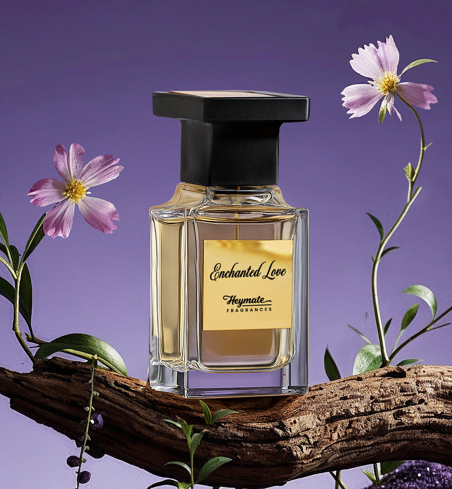 Perfume bottle labeled 'Enchanted Love' with flowers on a purple background