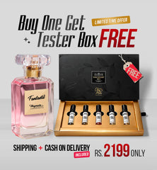 Perfume bottle with a free tester box offer on a gray background