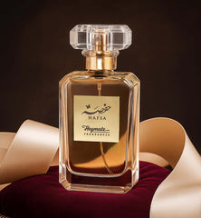 Perfume bottle with 'Hafsa' label on a dark background