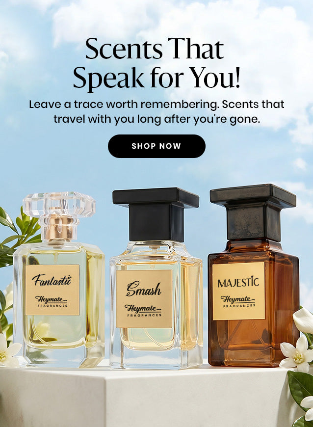 Three perfume bottles labeled 'Fantastic', 'Smash', and 'Majestic' with a scenic background.