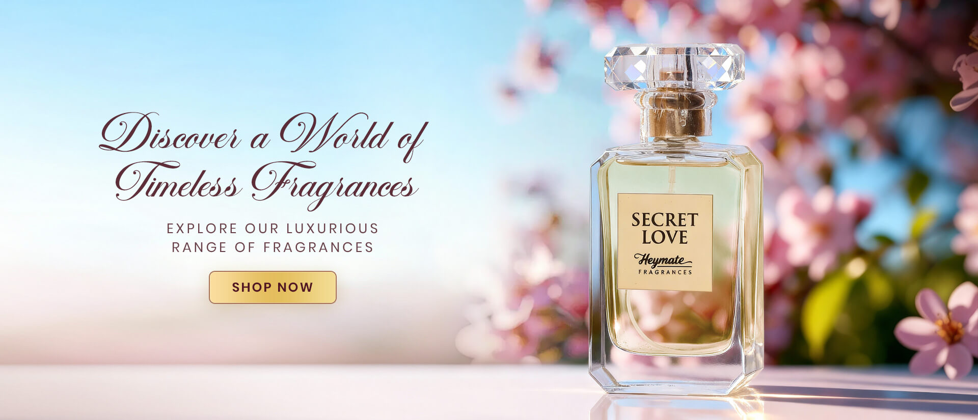 Perfume bottle labeled 'Secret Love' with floral background and promotional text.