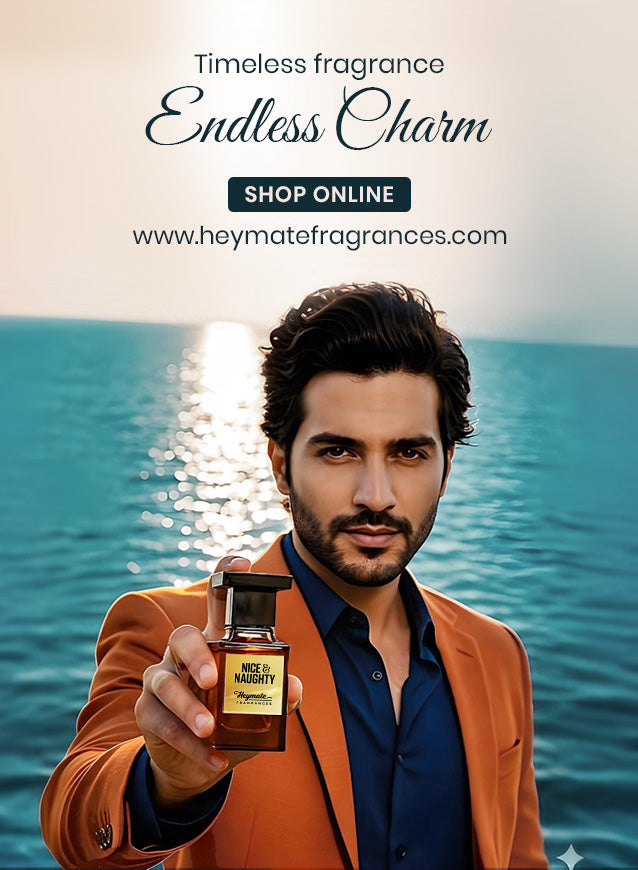 Man holding a perfume bottle with ocean view and 'Endless Charm' text