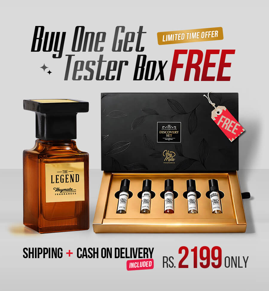 Perfume bottle with a free tester box offer on a gray background