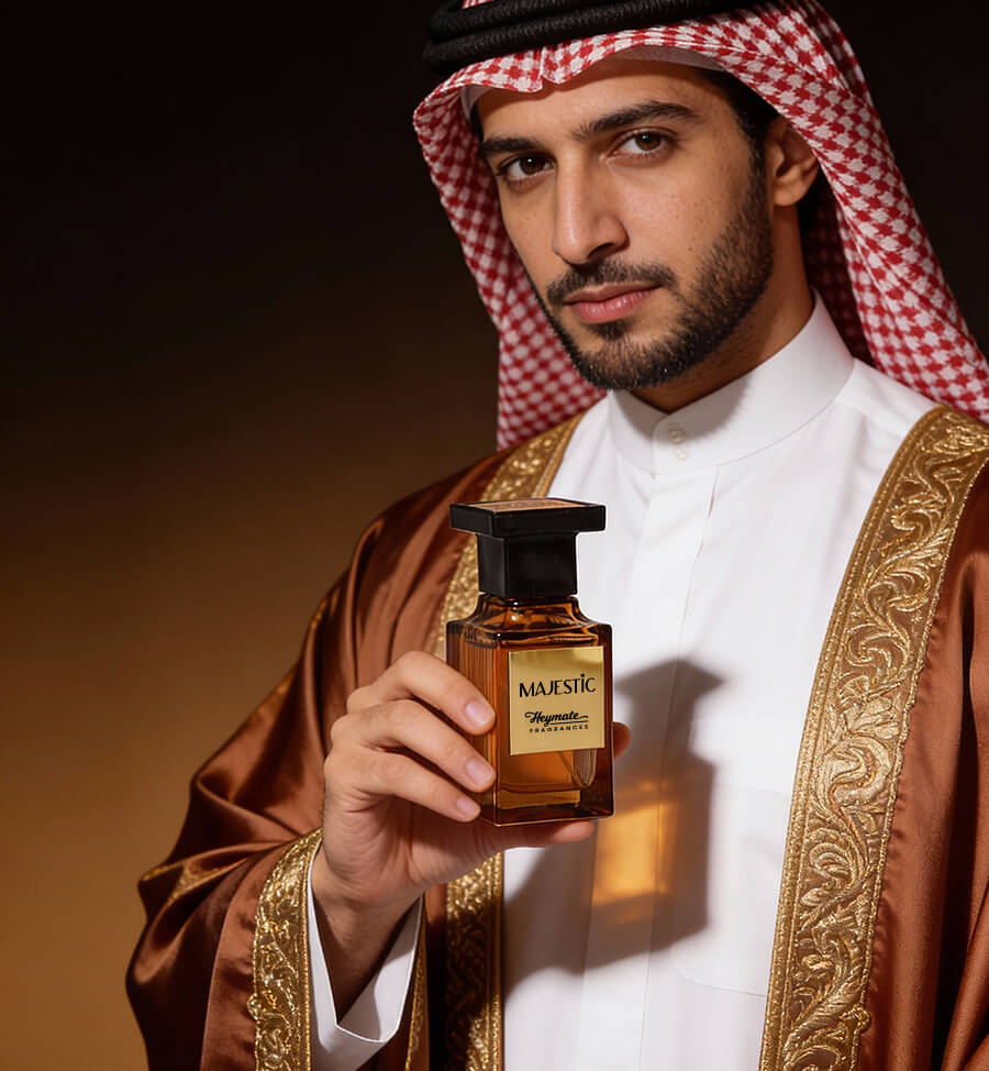 Man in traditional attire holding a Majestic perfume bottle against a dark background