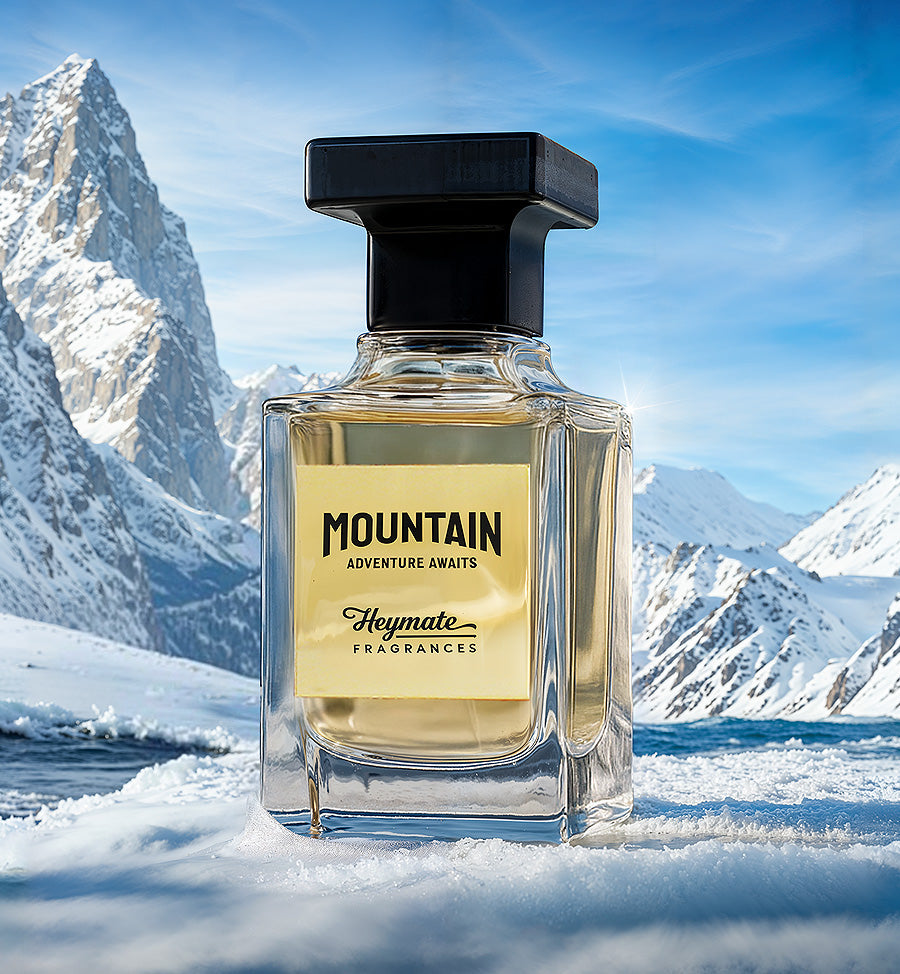 Perfume bottle labeled 'Mountain' by Heymate Fragrances against a snowy mountain backdrop