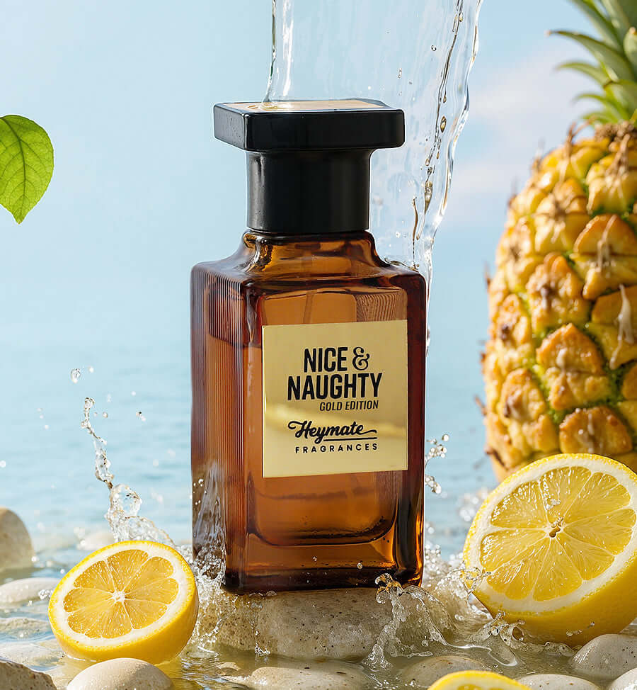 Brown perfume bottle labeled 'Nice & Naughty' with lemons and a pineapple in a water setting
