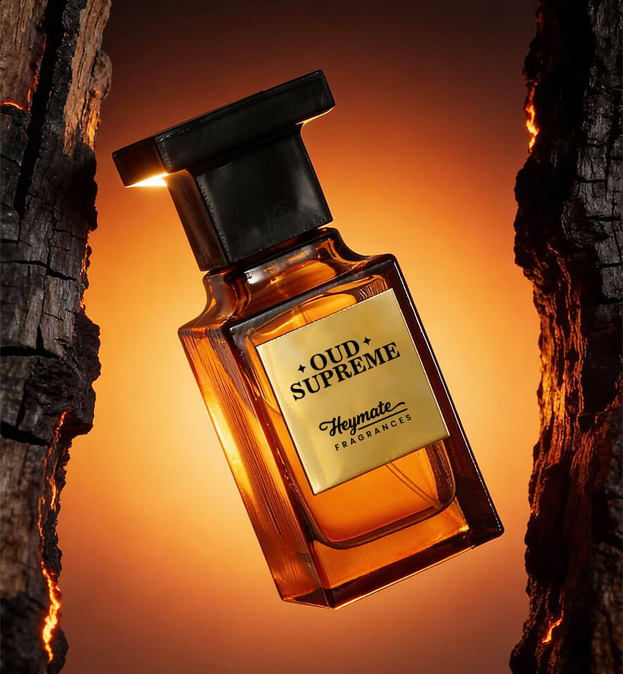Perfume bottle labeled 'Oud Supreme' by Heymate Fragrances against a warm, wooden background.