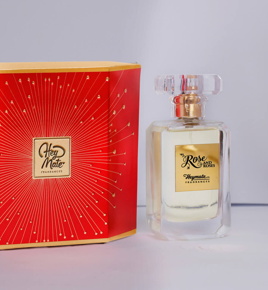 Rose and Roses Perfume bottle and red packaging with 'HeyMate' branding on a light gray background