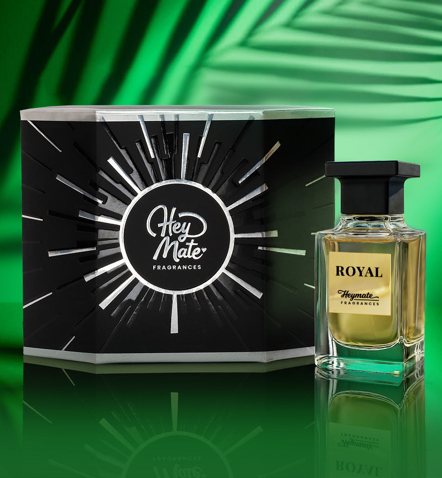 Hey Mate Fragrances Royal perfume bottle and packaging on a green background