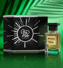 Hey Mate Fragrances Royal perfume bottle and packaging on a green background