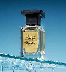 Perfume bottle labeled 'Smash' by 'Heymate Fragrances' on a blue water background
