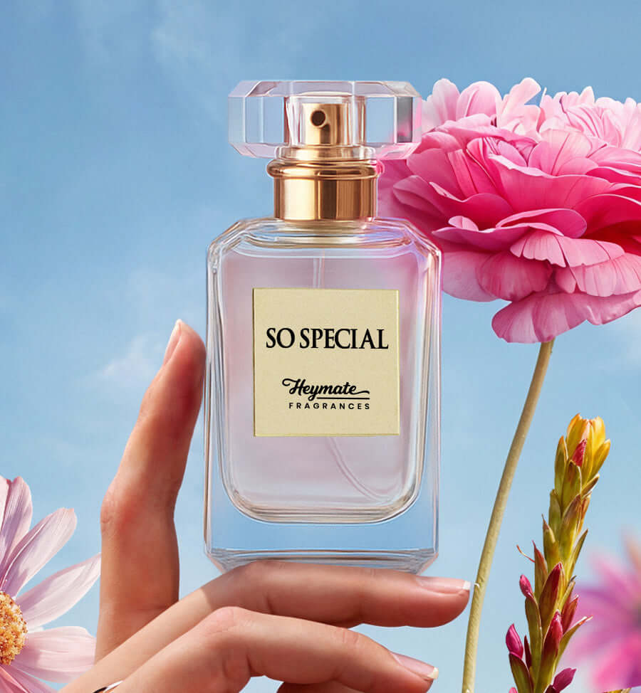 Perfume bottle labeled 'So Special' by Heymate Fragrances with pink flowers on a blue background