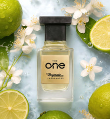 Perfume bottle with 'The One' branding surrounded by limes and flowers on a light blue background