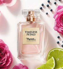 Perfume bottle labeled 'Timeless Petals' by Heymate Fragrances with pink flowers and lime slices on a light background.
